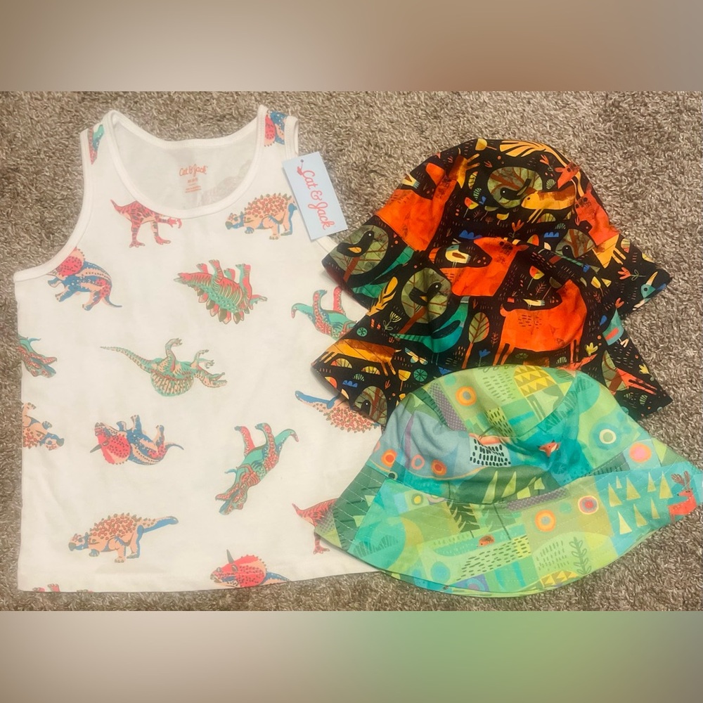 Cat & Jack White Dinosaur Print Tank Top With Bucket Hat Set